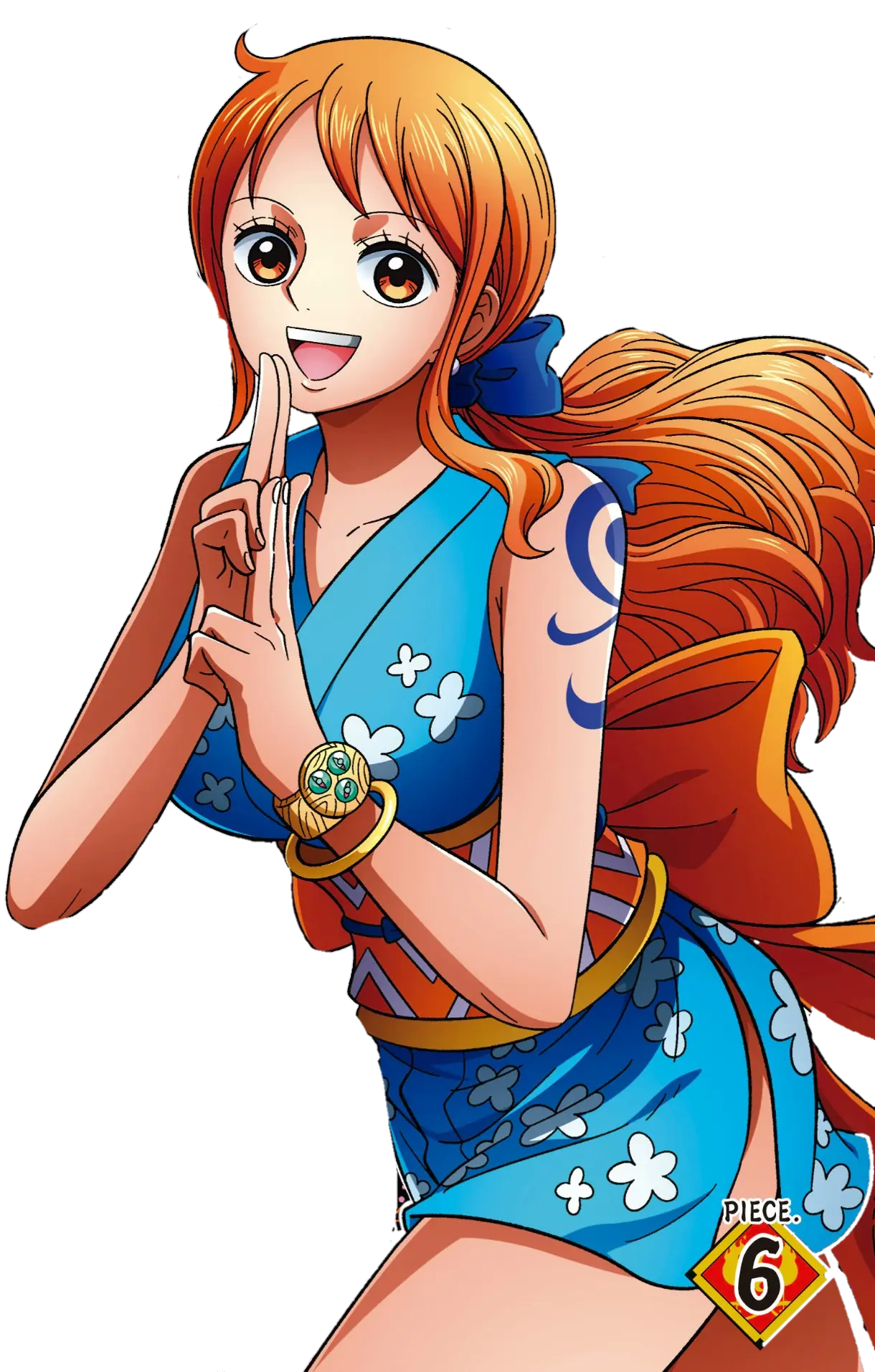 Nami from One Piece, with orange hair and a blue floral outfit